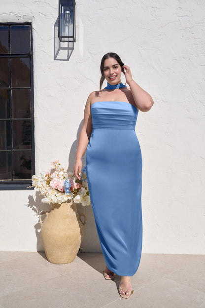 Elegant Sheath Straight Neck Strapless Zipper Back Long Plus Size Bridesmaid Dress