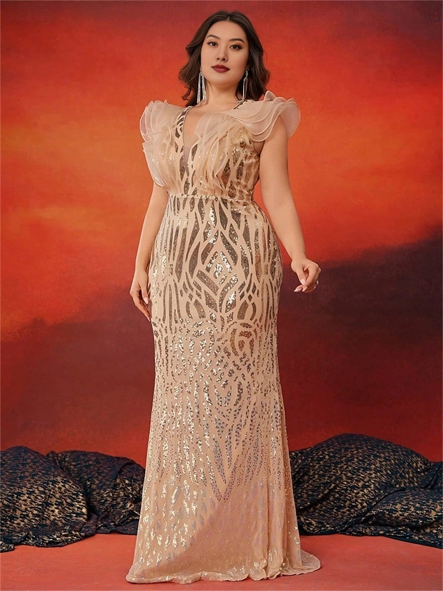 Luxury Mermaid V-Neck Ruffle Cap Sleeve V-Back Floor-Length Plus Size Sequin Prom Dress