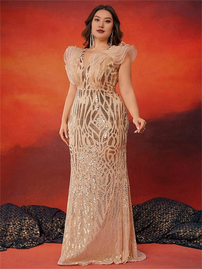 Luxury Mermaid V-Neck Ruffle Cap Sleeve V-Back Floor-Length Plus Size Sequin Prom Dress