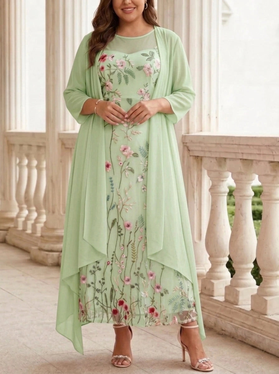 Soft A-Line Round Neck Three-Quarter-Sleeve Closed-Back Floor-Length Mother of the Bride Dresses