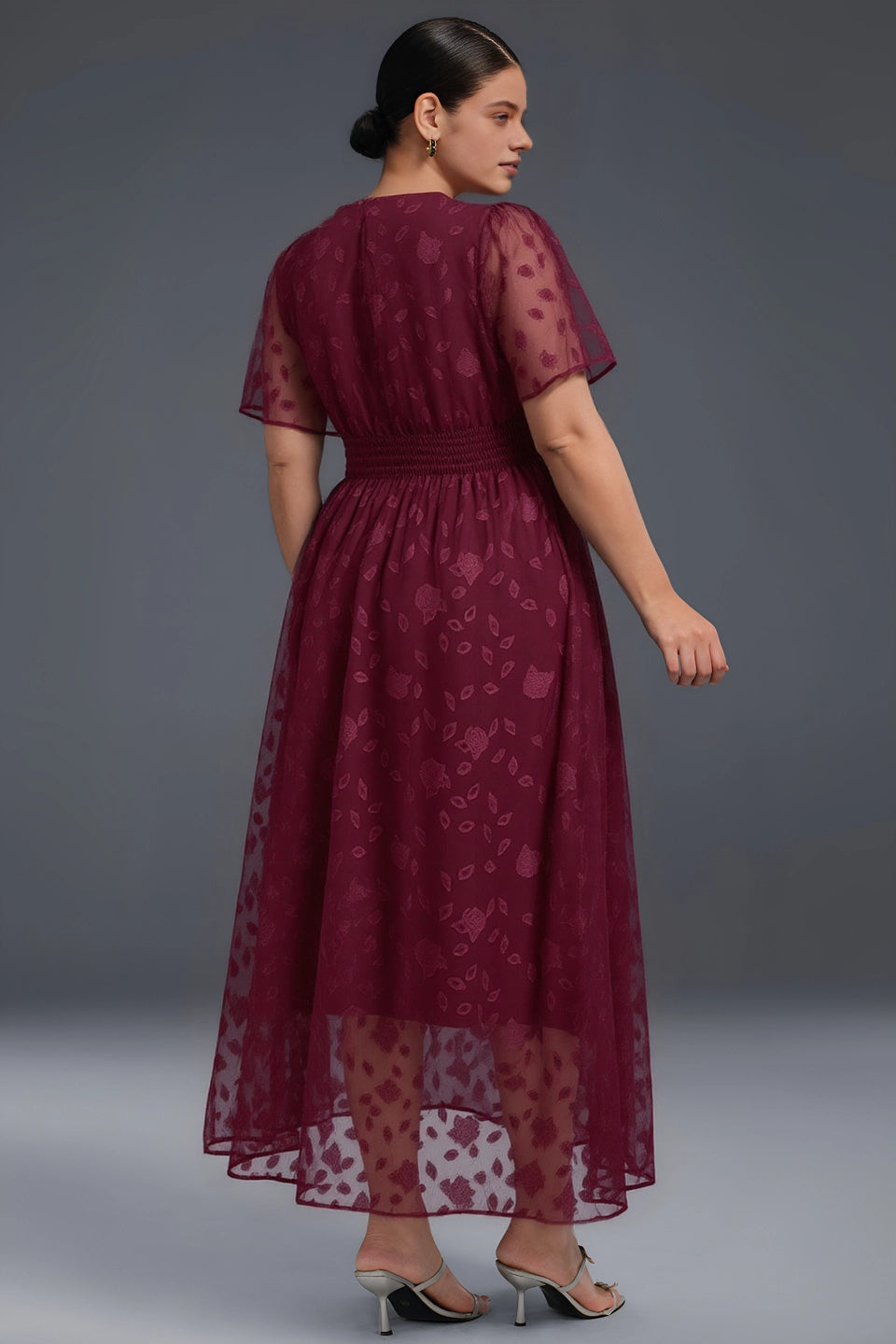 back view wine red curvy formal midi dress modest full back zip flocked mesh party dress