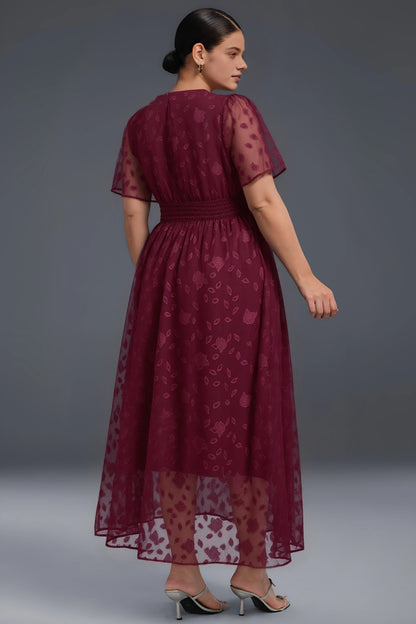 back view wine red curvy formal midi dress modest full back zip flocked mesh party dress