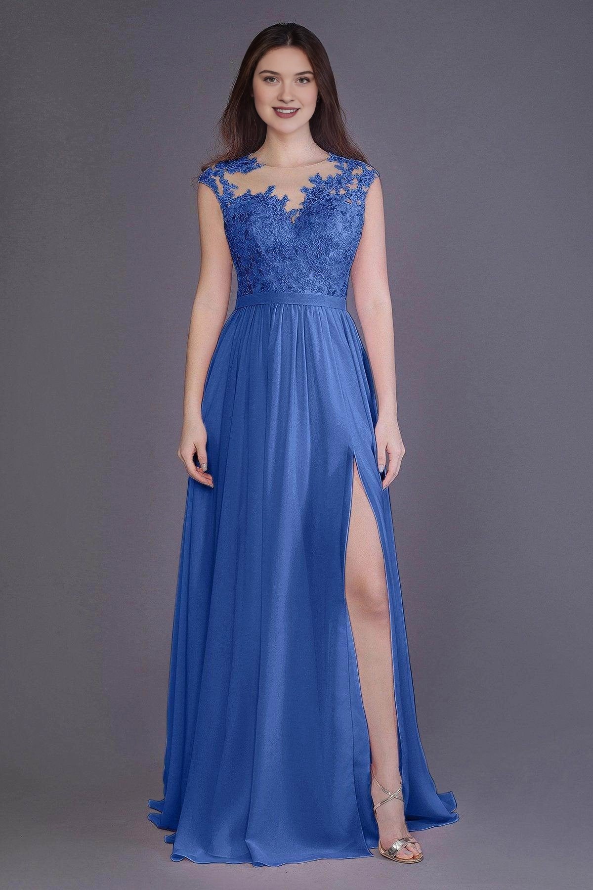 Plus Size Romantic Lace Chiffon A-Line Illusion-Neck Sleeveless Illusion-Back Floor-Length Bridesmaid Dress