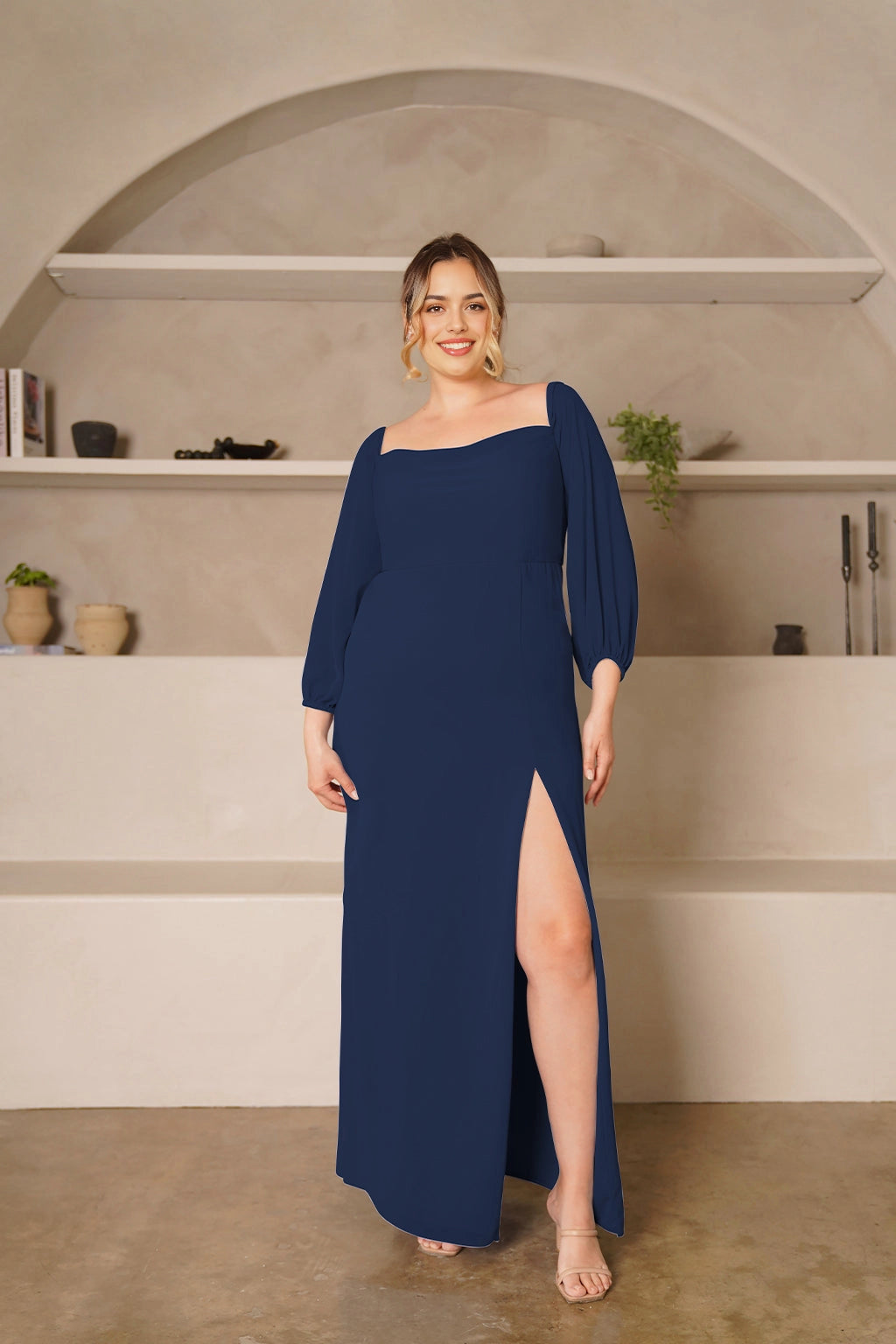 Elegant Sheath Square Neck Balloon Sleeve Zipper Back Plus Size Bridesmaid Dress