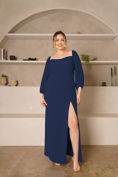 Elegant Sheath Square Neck Balloon Sleeve Zipper Back Plus Size Bridesmaid Dress