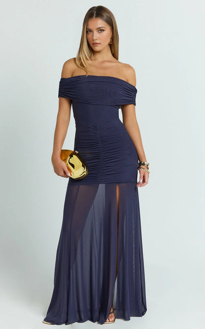 Ruched Off Shoulder Mesh High Slit Plus Size Wedding Guest Dress