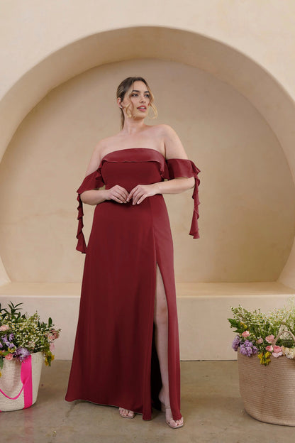Elegant A-Line Straight Neck Ruffle Sleeve Zipper Back Floor Length Bridesmaid Dress