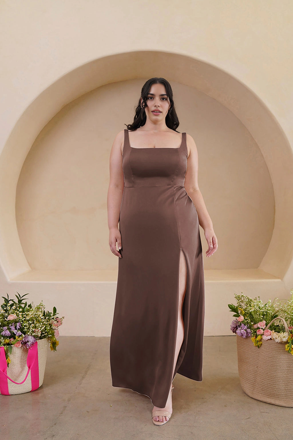 Elegant Sheath Square Neck Sleeveless Scoop Back Floor Length Bridesmaid Dress