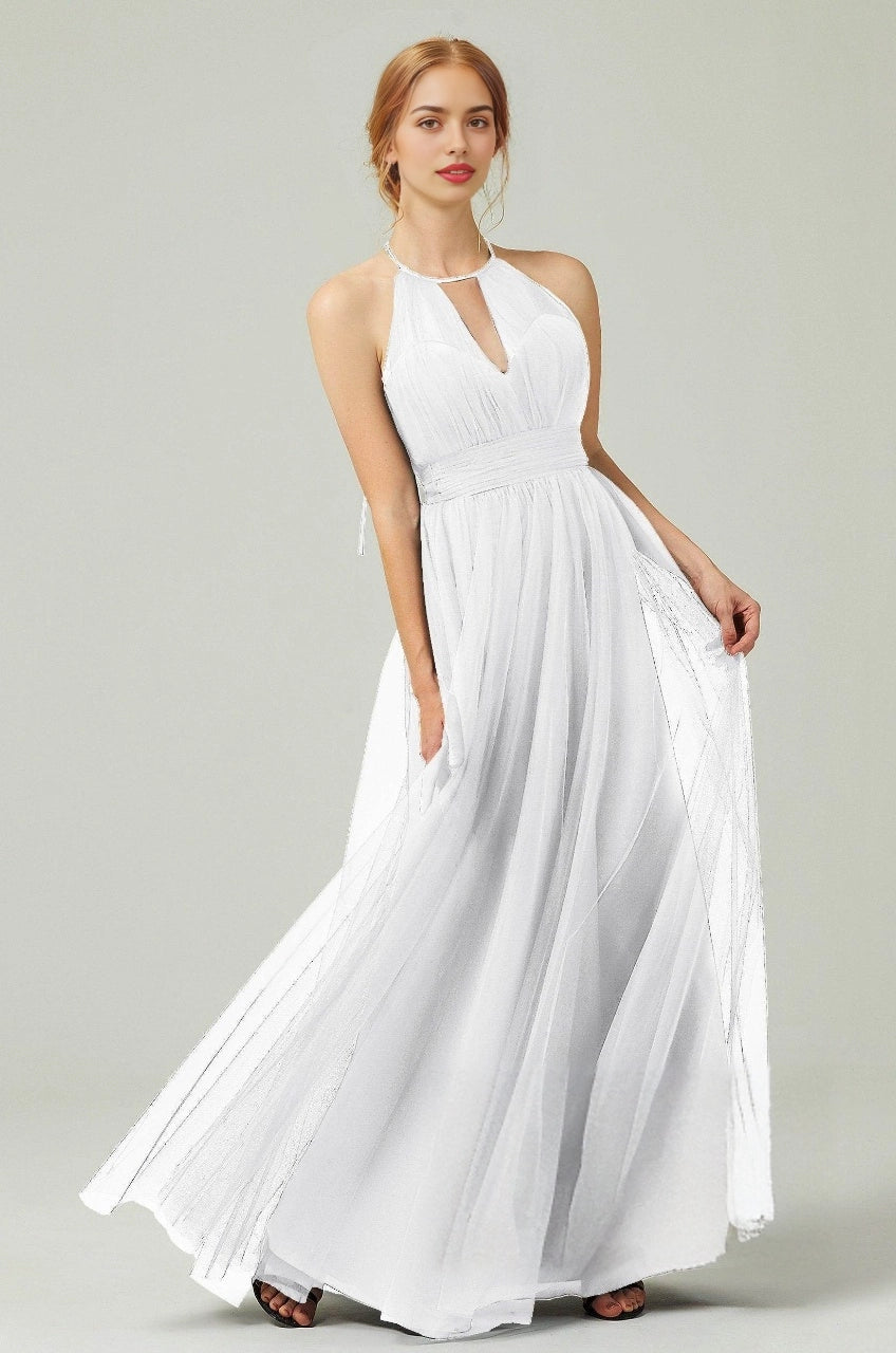 Plus Size Elegant Tulle A-Line Halter Sleeveless Open-Back Floor-Length Bridesmaid Dress