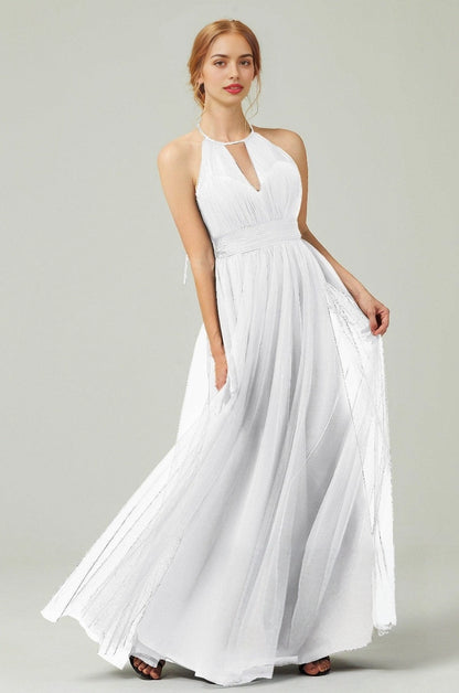 Plus Size Elegant Tulle A-Line Halter Sleeveless Open-Back Floor-Length Bridesmaid Dress