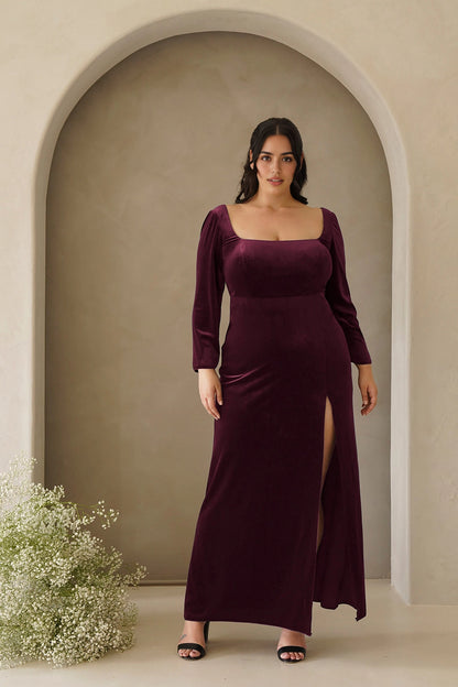 Elegant Sheath Square Neck Long Sleeve Scoop Back Plus Size Evening Dress