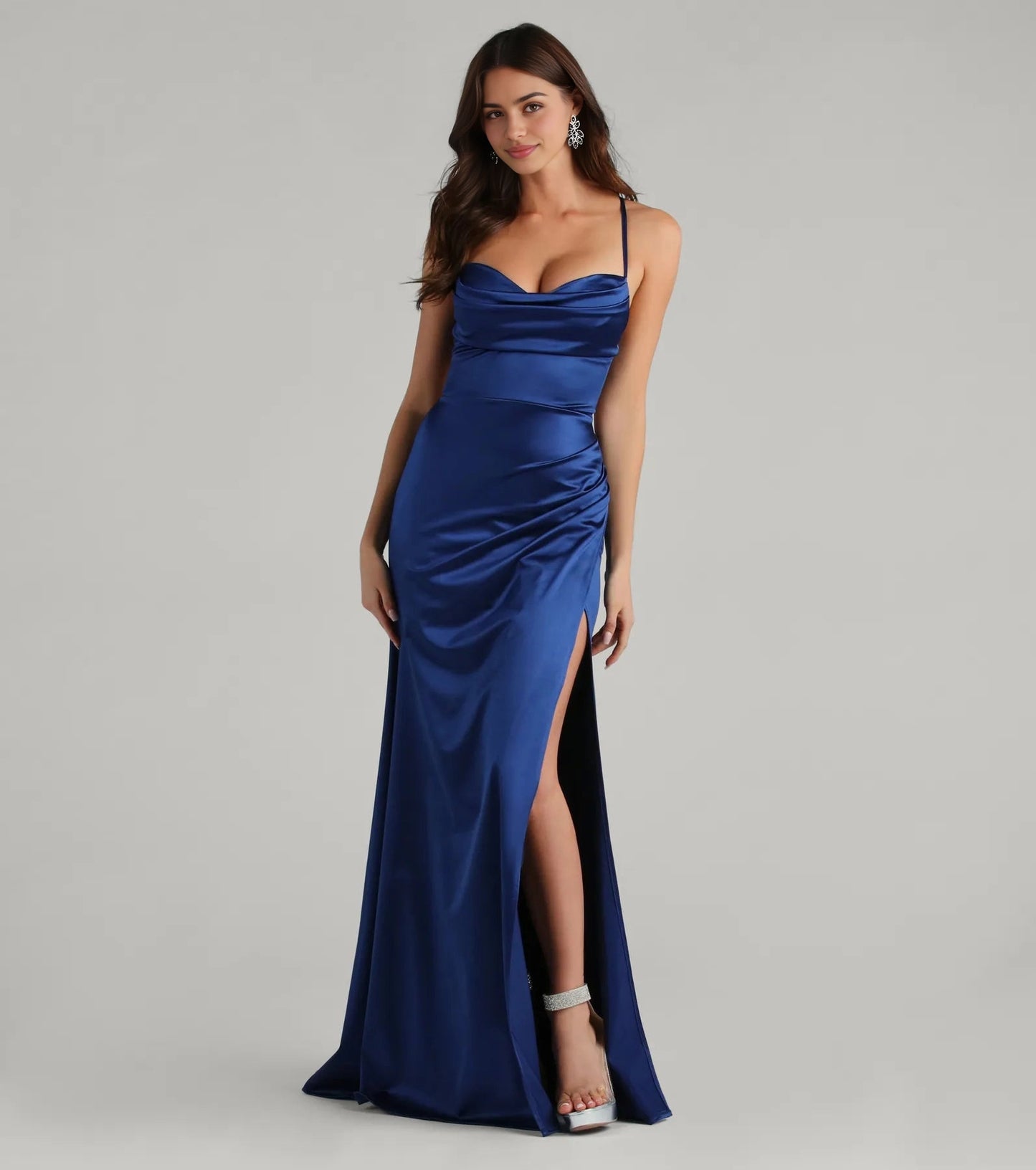 Slim Maxi Spaghetti Lace-Up Back Ruched Long Prom Dress