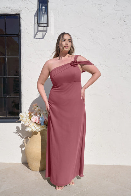 Elegant Sheath One Shoulder Floral Detail Zipper Back Plus Size Maxi Bridesmaid Dress
