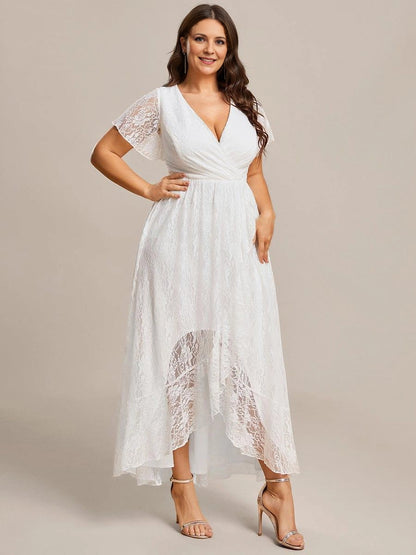 Elegant Plus Size A-Line Wrap V-Neck Flutter-Sleeve Zipper-Back High-Low Mother of Bride Dress