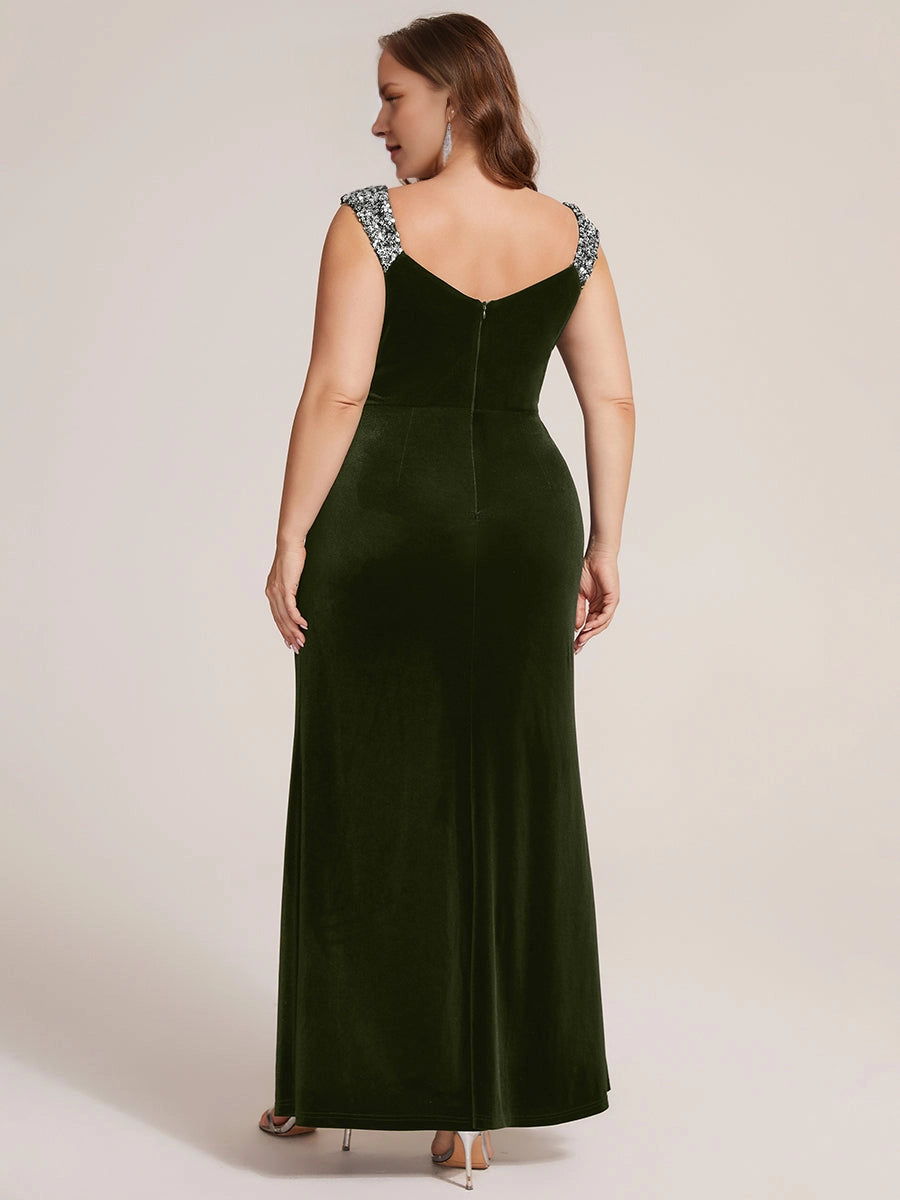 Glam Mermaid V-Neck Beaded Strap Zipper Back Slit Floor-Length Plus Size Prom Dress