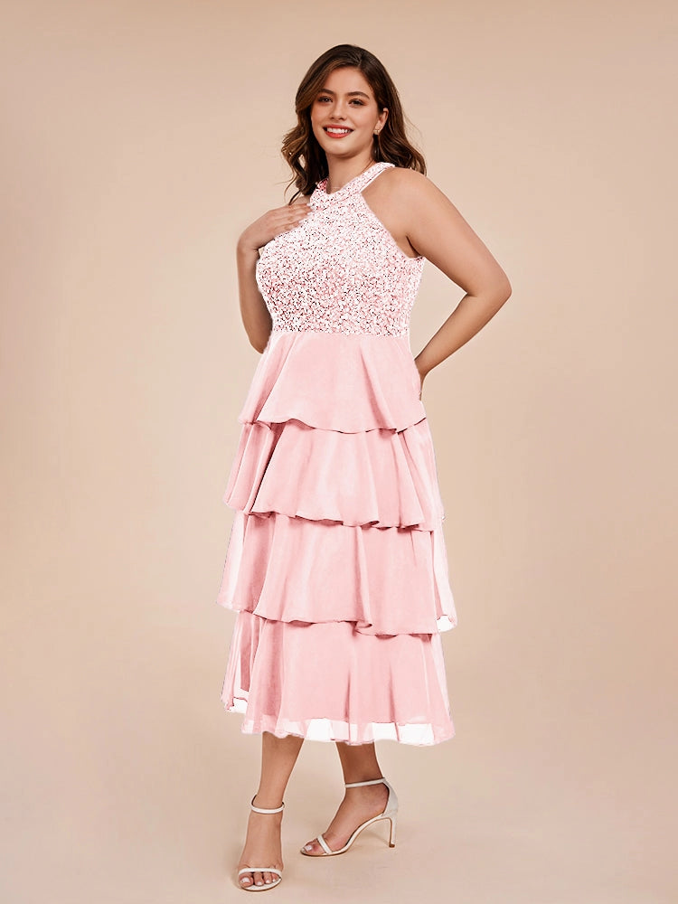 elegant a‑line halter sleeveless tie‑back midi plus size wedding guest dress
