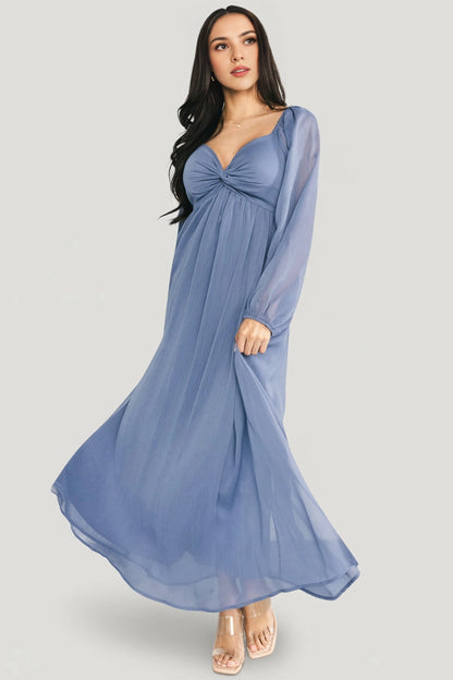 Flowy Midi V-Neck Twist Long Sleeve Smocked-Back Mother Of Bride Dress