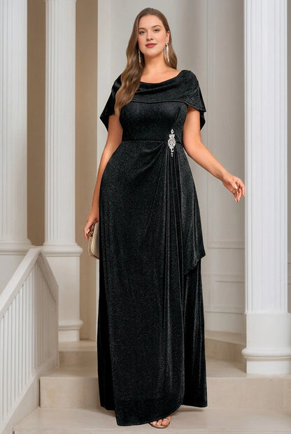Plus Size Cowl Neck Rhinestone Brooch Draped Long Mother of Bride Dress