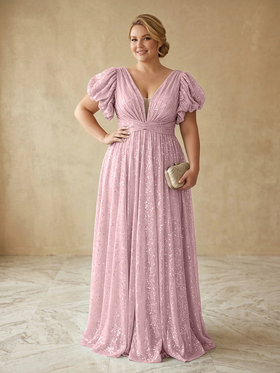 Glam A‑Line V‑Neck Puff‑Sleeve Deep‑Back Floor‑Length Plus Size Prom Dress