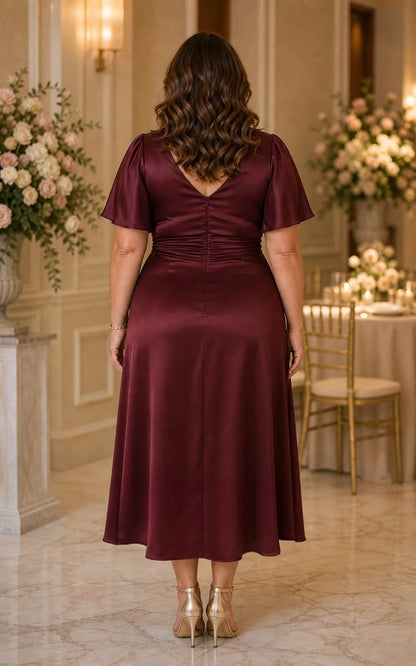 Burgundy satin plus size midi dress back view, V-back, center back zipper, flutter sleeves and A-line skirt
