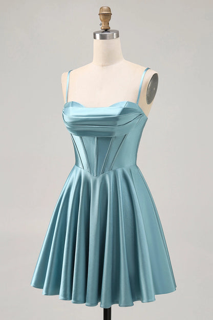 Light Blue A-Line Cowl Spaghetti Strap Lace Up Back Mini Homecoming Dress