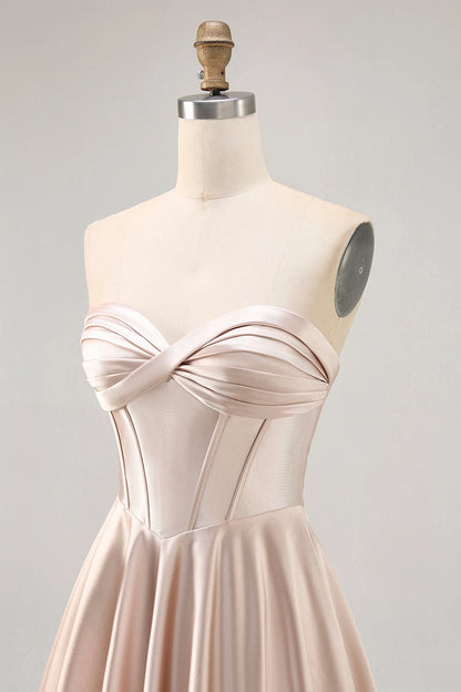 Champagne A-Line Twist Strapless Lace Up Back Mini Homecoming Dress
