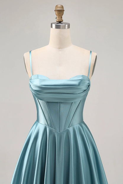Light Blue A-Line Cowl Spaghetti Strap Lace Up Back Mini Homecoming Dress