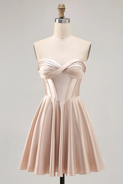 RoselleDress champagne twist strapless corset mini homecoming dress satin a-line party gown