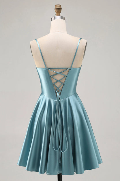 Back view RoselleDress dusty blue lace up back corset mini dress satin homecoming gown