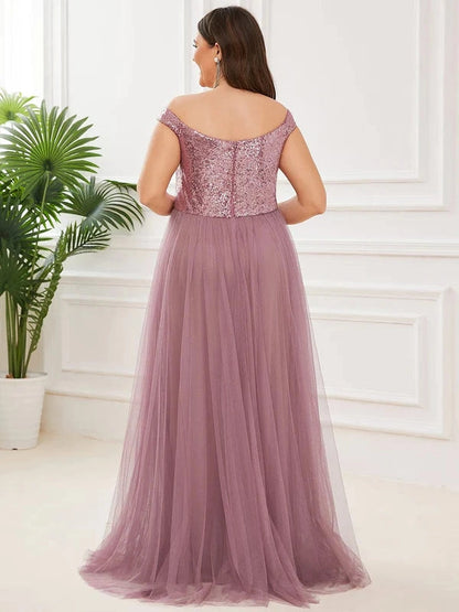 Glamorous A‑Line Off‑The‑Shoulder Cap‑Sleeve V‑Back Floor‑Length Plus Size Prom Dress