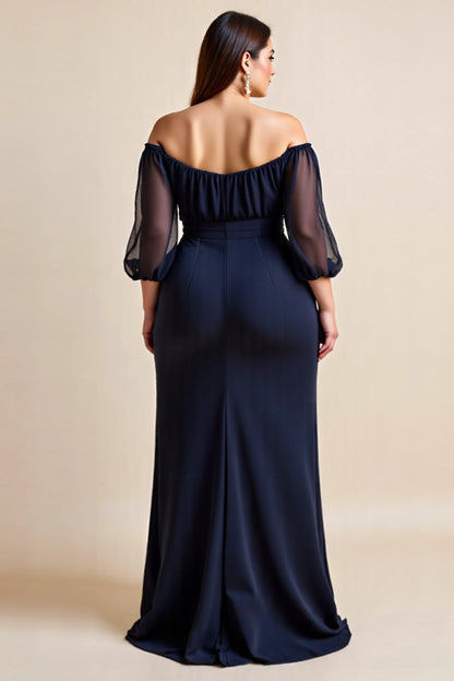Navy plus size off shoulder scoop back ruched long mother of the bride dress back view
