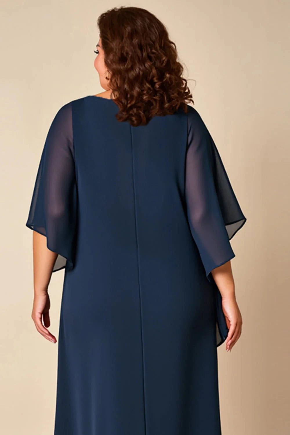 Modest Shift Round‑Neck Flutter‑Sleeve Solid‑Back Floor‑Length Plus Size Mother Of The Bride Dress