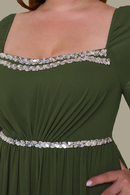 Olive Green Plus Size A-Line Square Long Sleeve Criss Cross Back Long Prom Dress