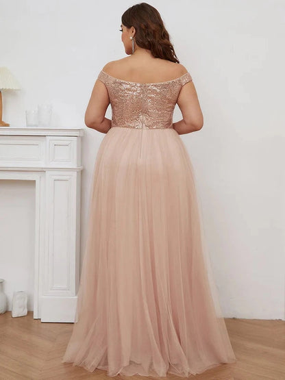 Glamorous A‑Line Off‑The‑Shoulder Cap‑Sleeve V‑Back Floor‑Length Plus Size Prom Dress