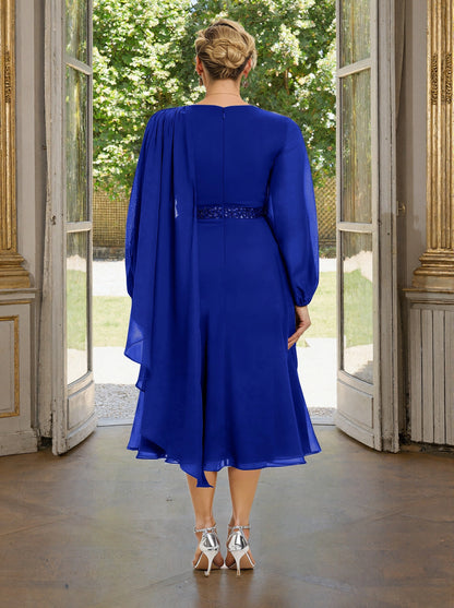 Roselledress royal blue a‑line formal dress back view, zipper closure cape sleeve sequin waist mother of bride gown