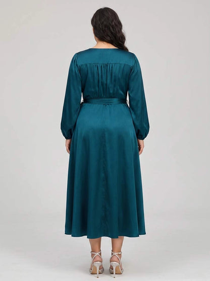 Roselledress plus size formal prom dress back view, gathered back design long puff sleeve elegant satin midi evening dress