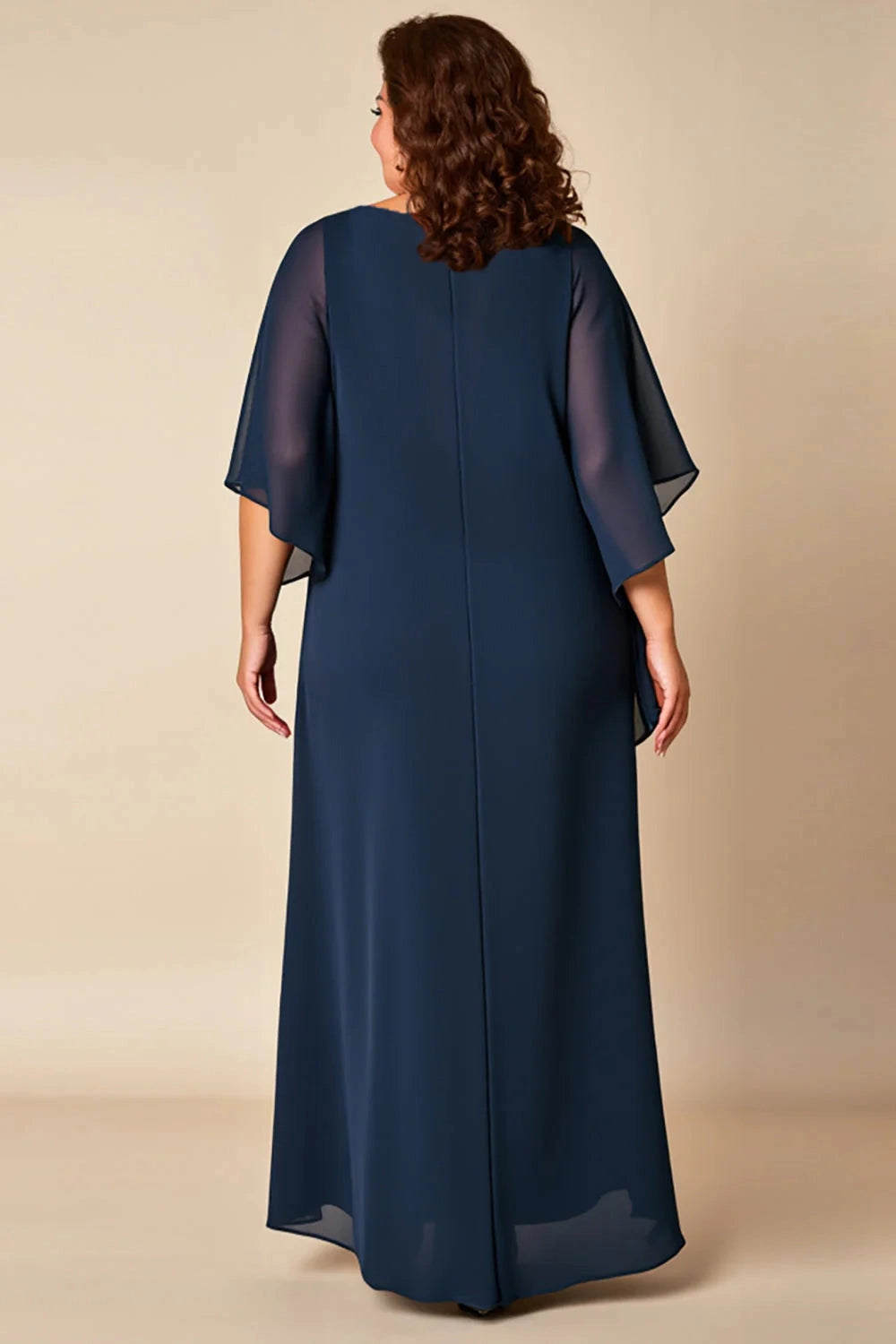 Roselledress navy chiffon plus size formal dress solid plain back flutter sleeve mother of bride maxi gown back view