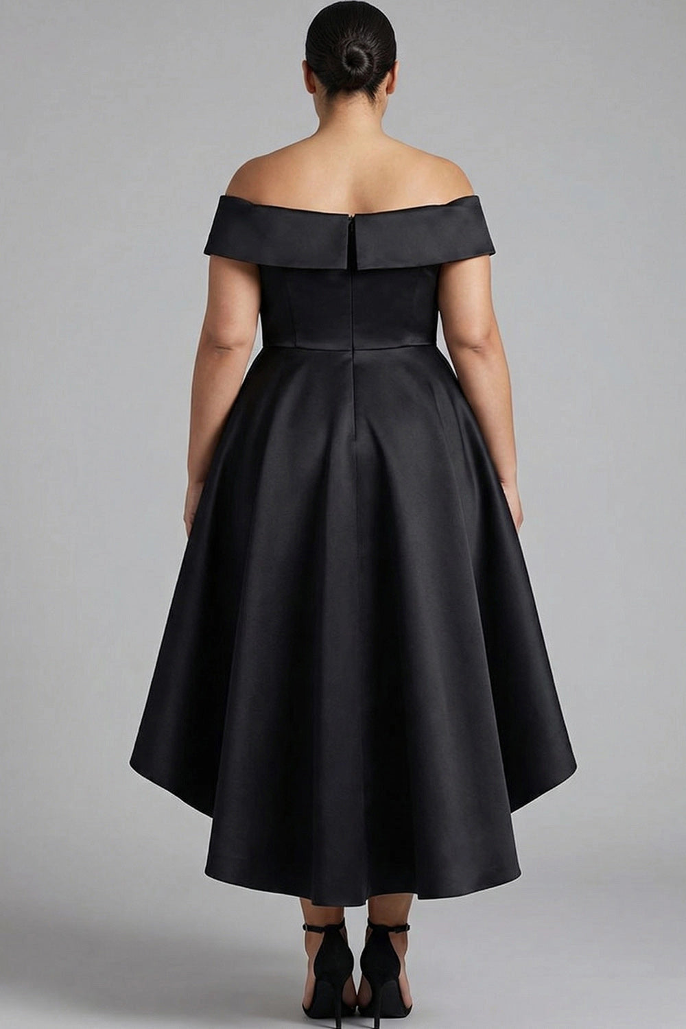 Roselledress plus size formal prom dress back view, off-shoulder folded neckline zipper closure elegant high low evening dress