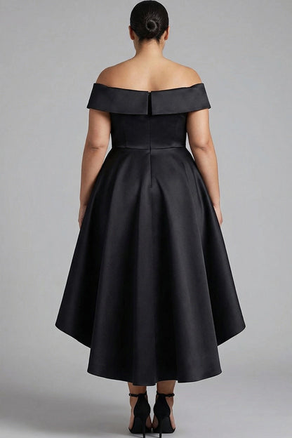 Roselledress plus size formal prom dress back view, off-shoulder folded neckline zipper closure elegant high low evening dress