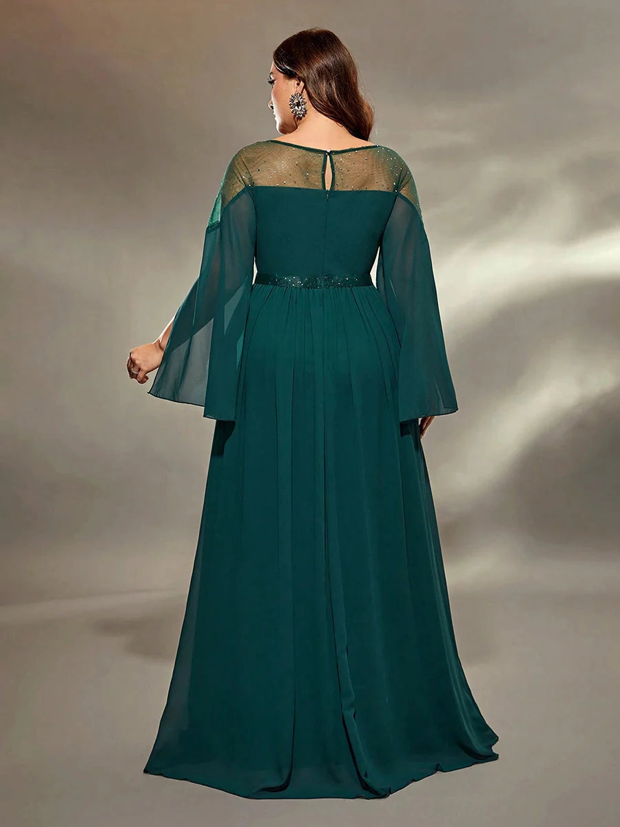 Roselledress dark green a‑line chiffon dress back view,sparkly mesh keyhole back plus size formal evening gown