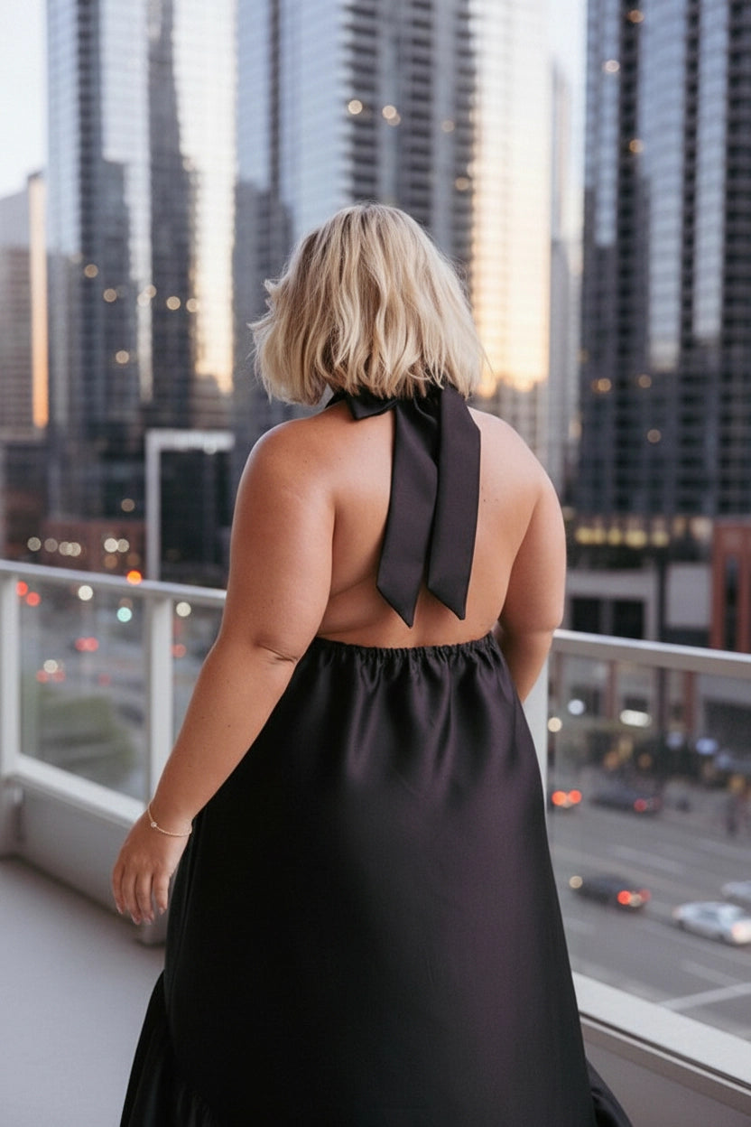 Roselledress black high‑low satin dress back view,open tie‑back elastic waist plus size evening gown