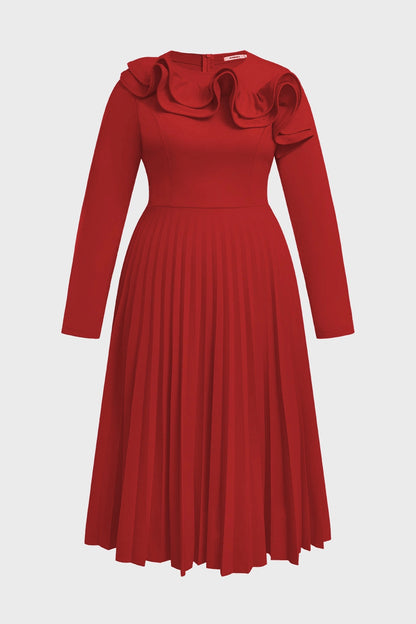 Red Plus Size A‑Line Ruffle Round‑Neck Long‑Sleeve Zip‑Back Midi Prom Dress