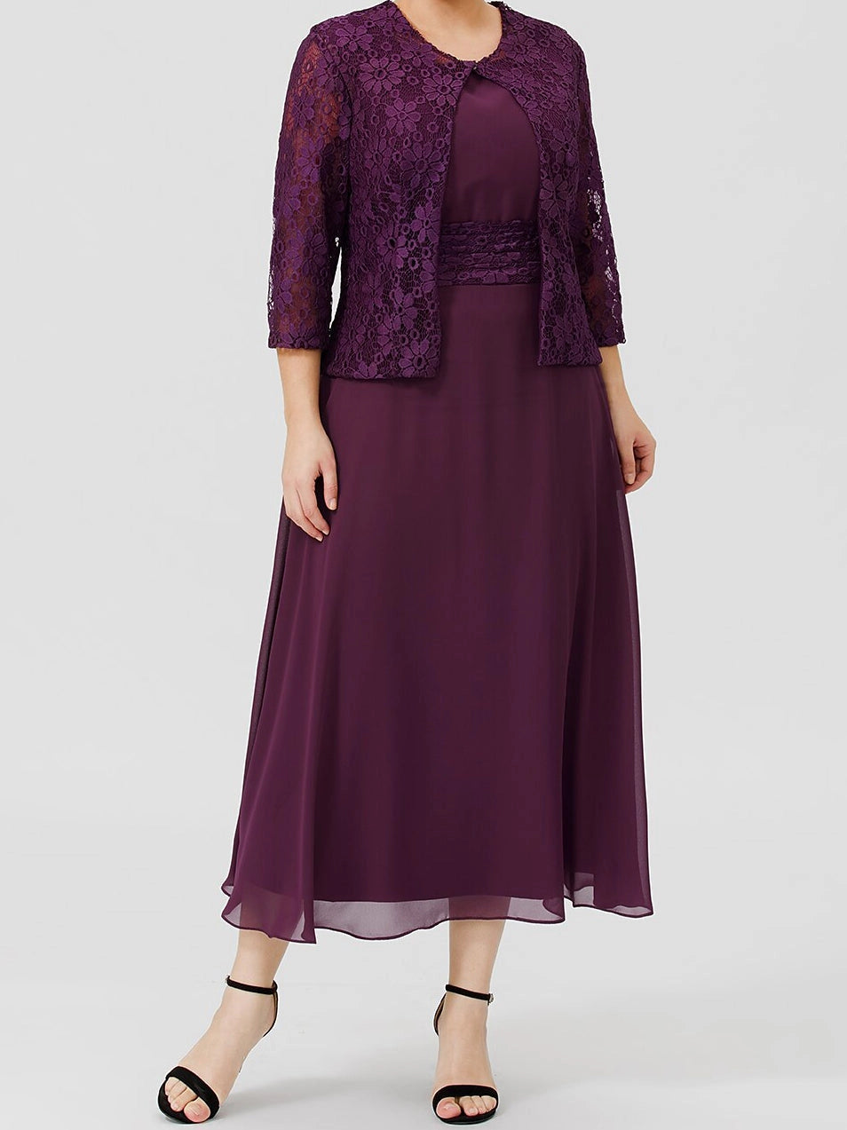 RoselleDress Plum A Line Round Neck 3/4 Sleeve Solid Back Midi Two Piece Plus Size Mother Of Bride Dress