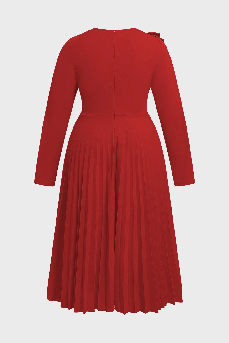 Red Plus Size A‑Line Ruffle Round‑Neck Long‑Sleeve Zip‑Back Midi Prom Dress