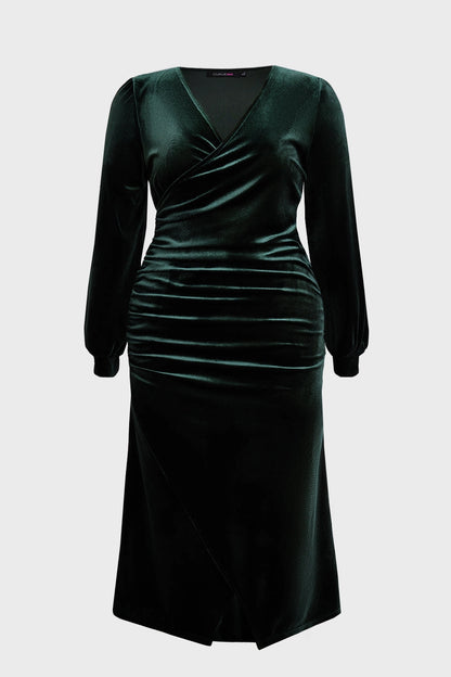 Elegant Sheath V-Neck Lantern-Sleeve Plain-Back Midi Plus Size Mother Of Bride Dress