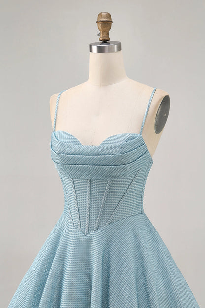 Light Blue A-Line Cowl Spaghetti Strap Lace Up Back Mini Homecoming Dress