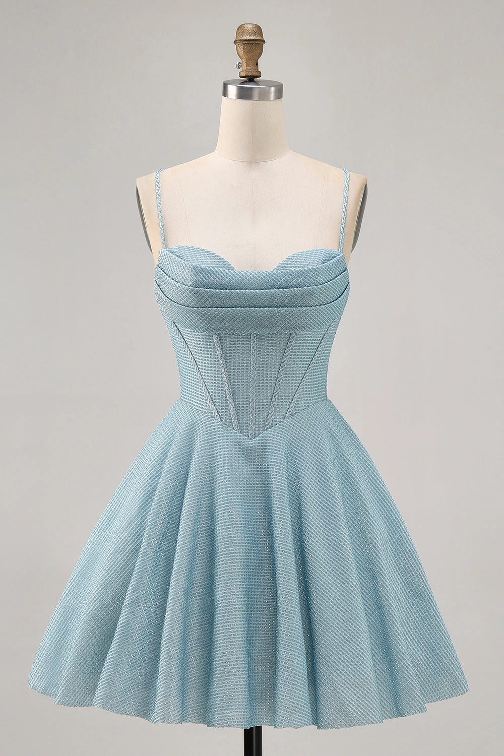 RoselleDress light blue textured cowl corset mini homecoming dress spaghetti strap a-line party gown