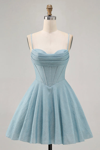 RoselleDress light blue textured cowl corset mini homecoming dress spaghetti strap a-line party gown
