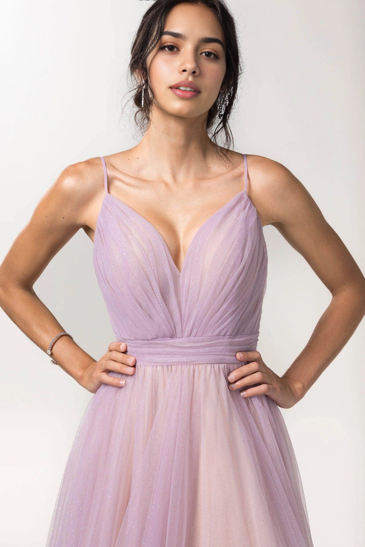 Romantic Plus Size Tulle A-Line V-Neck Sleeveless Twist-Back Floor-Length Bridesmaid Dress