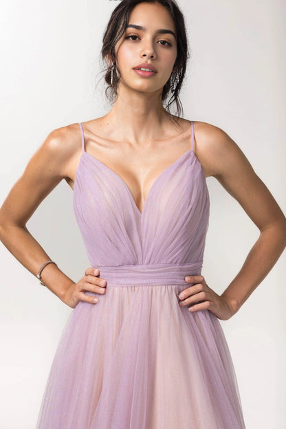 Romantic Plus Size Tulle A-Line V-Neck Sleeveless Twist-Back Floor-Length Bridesmaid Dress